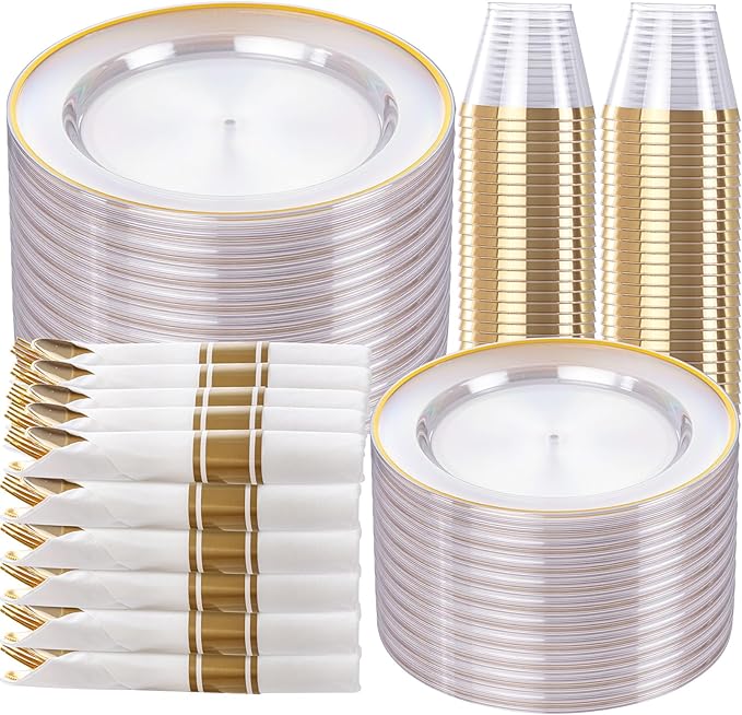 SUT 350 Pcs Gold and Clear Plastic Dinnerware Set for 50 Guests, Include: 50 Dinner Plates, 50 Dessert Plates, 50 Pre Rolled Napkins With Silverware, 50 Cups, Disposable Plates for Party, Wedding