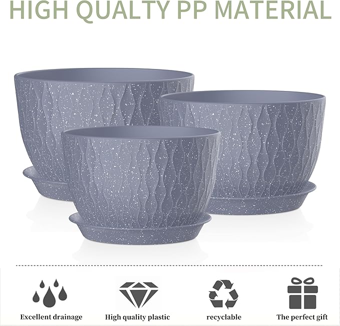 12/10/9 Inch Plant Pots, 3 Pack Large Flower Pots for Indoor and Outdoor Plants with Water Ripples, Large Plastic Flower Pots with Drainage Holes and Tray for Garden Indoor Plants