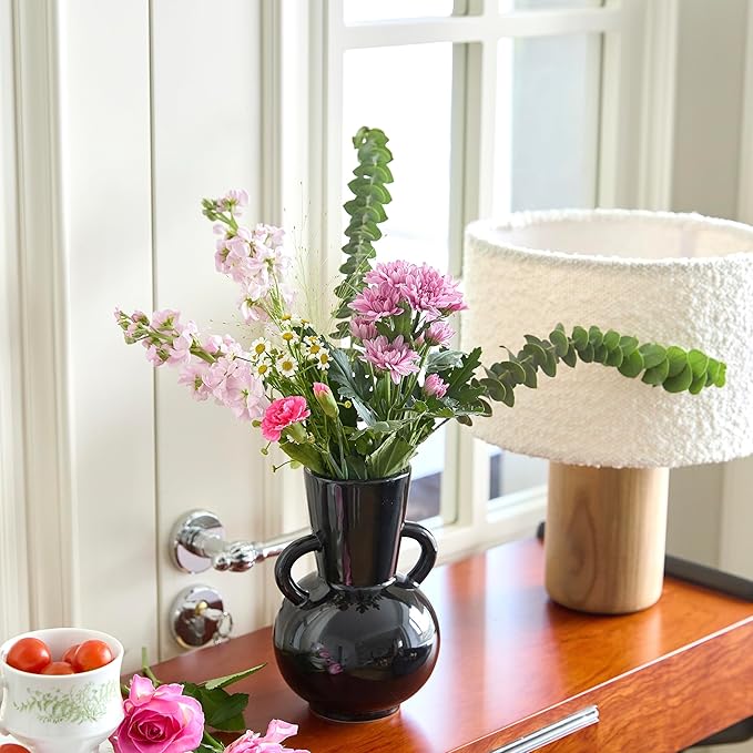 7 Inch Black Ceramic Vase with 2 Handles, Modern Flower Vase Decorative Vases for Bouquet, Unique Vases for Home Decor Farmhouse Living Room Table Centerpieces Wedding Decorations