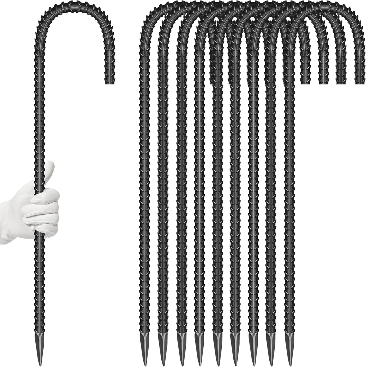 10 Pieces 16-Inch Garden Ground Stakes Galvanized Steel J Shape Hook Rebar Stake - Heavy DutyAnchors for Tents, Position Kits,Fences, and Trampolines
