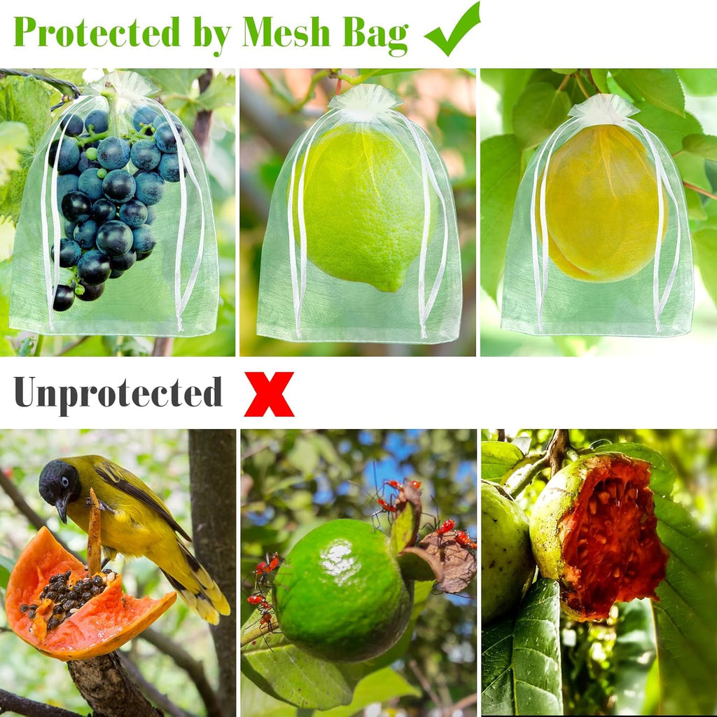 Morcheiong 60pcs Reusable Netting Mesh Bags - 6" x 8", Garden Fruit Protection with Drawstring (White)