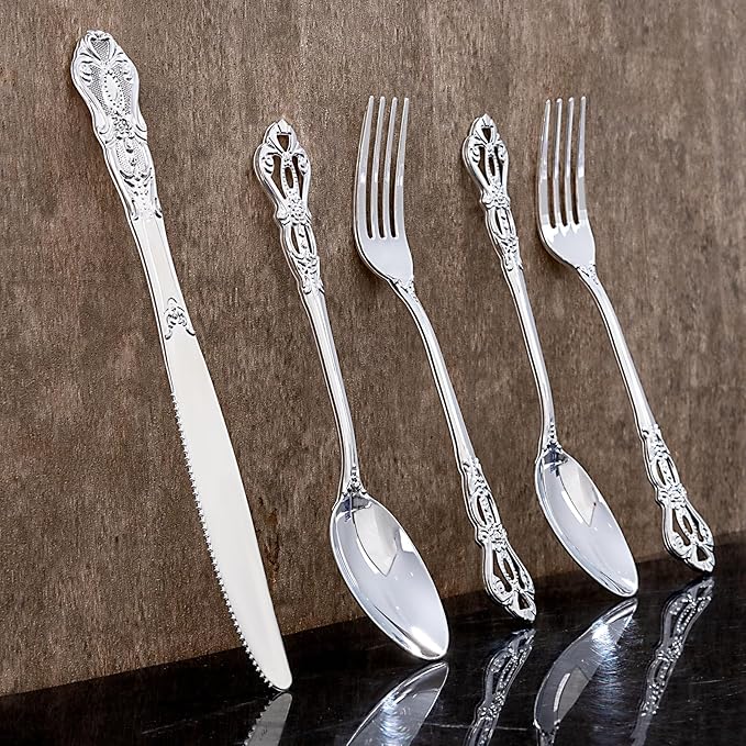 200PCS Silver Plastic Cutlery - Vintage Silver Disposable Silverware - Heavyweight Plastic Utensils with 100 Forks, 50 Knives, 50 Spoons For Catering, Parties, Dinners and Weddings
