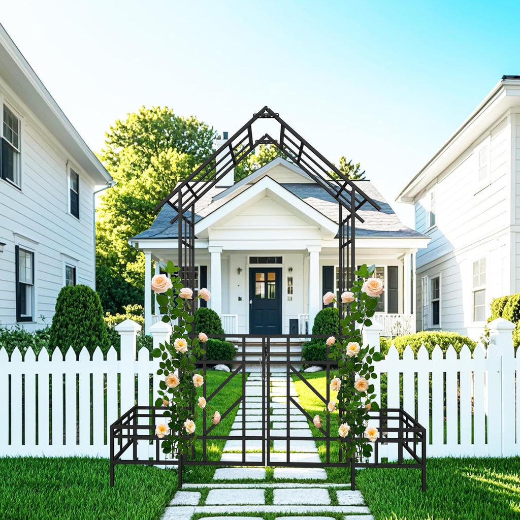 Metal Garden Arbor Arch with Gate and Plant Box, 97“ H Garden Trellis Wedding Arch Party Decoration for Outdoor Lawn Climbing Plants Support Roses Vines (Black Line)