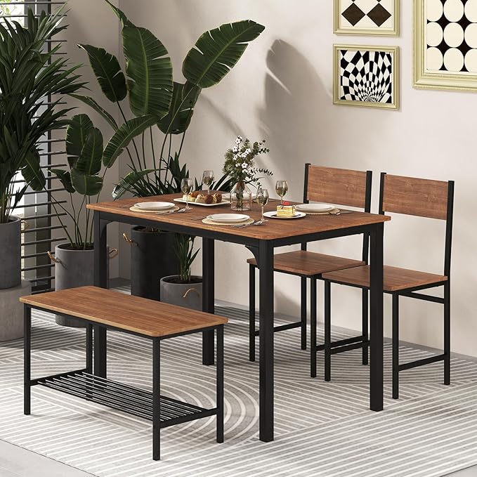 Tangkula Dining Table Set for 4, Kitchen Table and 2 Chairs for 4 with Bench, 4 Piece Dining Table Set for Small Space, Apartment