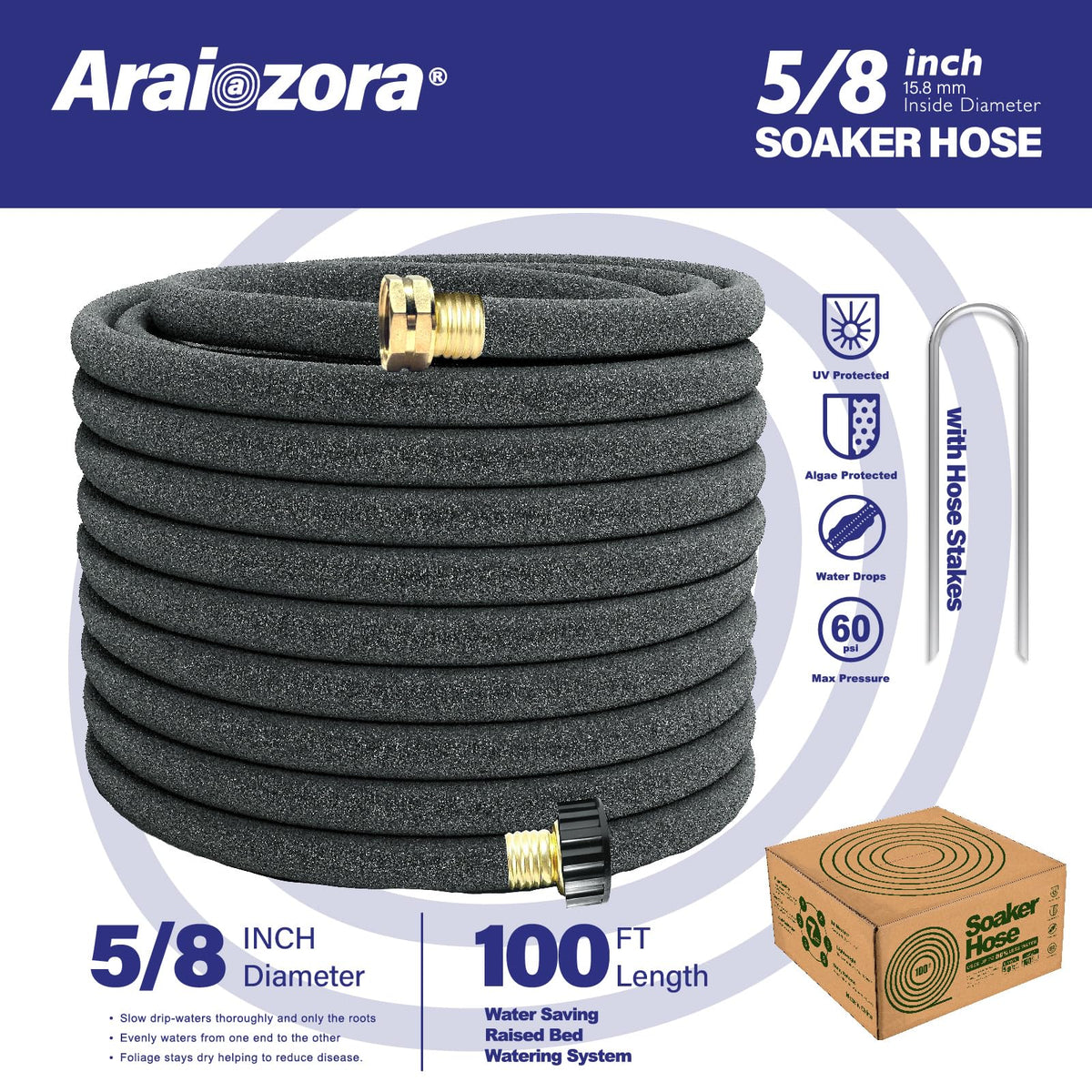 Araiozora Soaker Hose 100FT 5/8 Inch, Heavy Duty Leakproof Drip Irrigation Hose for Deep Watering Large Flower Beds, Estates & Landscaping