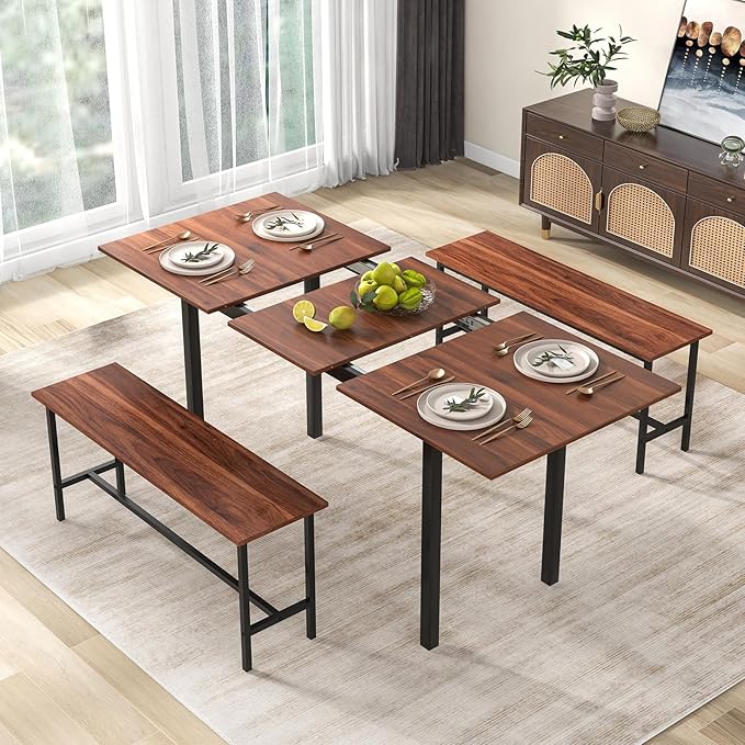 Giantex 3-Piece Dining Table Set for 4-8, 63” Extendable Dining Table with 2 Benches, Metal Frame, Dinette Table Set for Dinner, Breakfast Nook, Kitchen, Living Room, Restaurant, Walnut