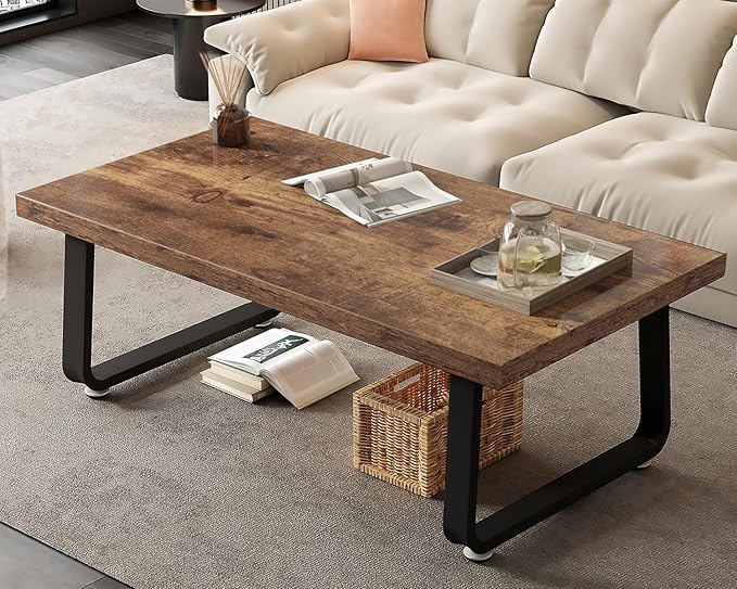 HSH Wooden Coffee Table, Industrial Rectangle Center Table, Modern Minimalist Coffee Table for Living Room, Farmhouse Wood and Metal Cocktail Tea Table for Bedroom Home Office, Rustic Brown, 47 in