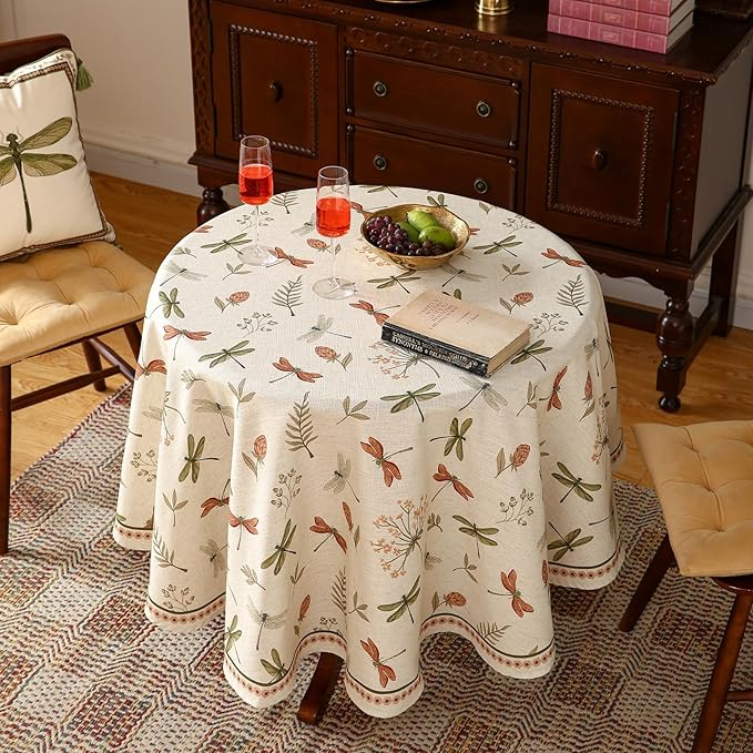 ISAENNE Designer Floral Linen Small Round Tablecloth,French Off White Elegant Table Cloth,Washable Home Decor Tablecloths for Dining Thanksgiving Kitchen Christmas Party,Diameter 55"-Grace B