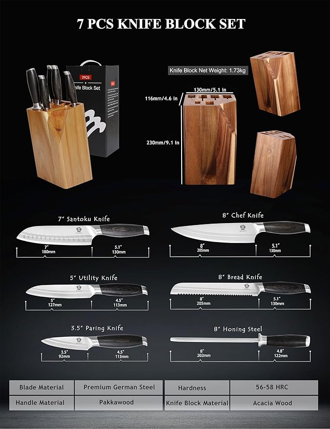 WILDMOK Knife Set, 7 Piece Kitchen Knife Set with Block Wooden, German Stainless Steel Sharp Chef Knife Set with Sharpener