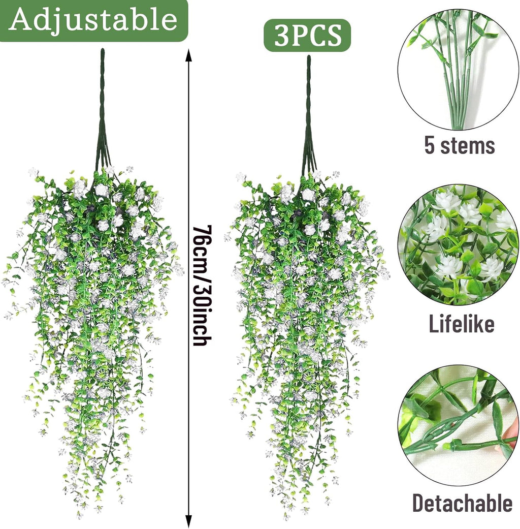 Artificial Hanging Flowers, 3 Pcs Fake Hanging Plants Artificial Vines for Outdoors, Fake Ivy Vine UV Resistant No Fade Faux Plants for Indoor Outside Garden Patio Yard Greenery Decoration (White)