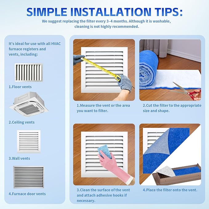 Custom Size Air Vent Filters – 12”x120” Electrostatic Filter Roll with MERV 8 Rating & Hook Tape, Makes 30+ Vent Covers for Home Floor, Grilles, Ceiling, HVAC Furnace Vents