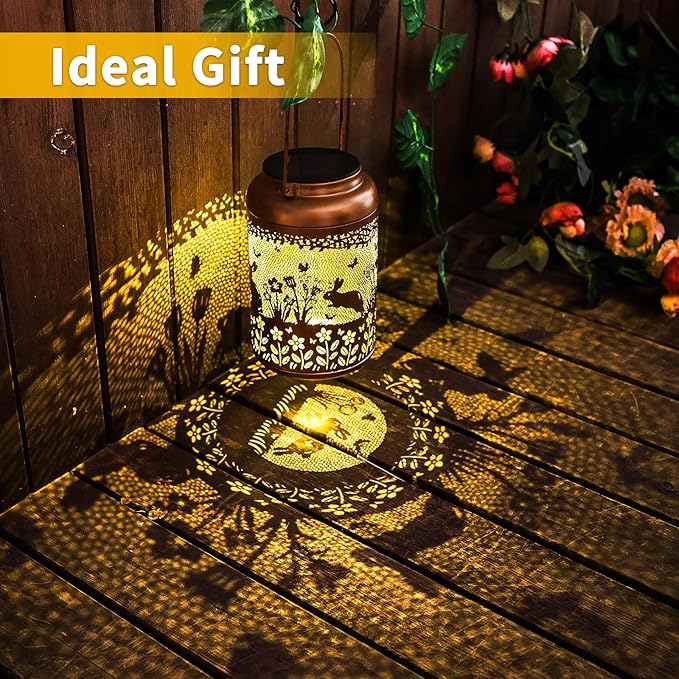 Rabbit Solar Lanterns Outdoor Waterproof Hanging Bunny Solar Lights Metal Decoration Outside for Yard,Patio,Porch, Pathway, Lawn, Garden Decor Lantern Birthday Gifts for Women Mom Grandma