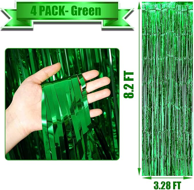 4 Pack Green Foil Fringe Curtain Backdrop, 3.28Ft x 8.2Ft Metallic Tinsel Foil Fringe Streamer Curtains for Photo Booth Props Decor Party Supplies