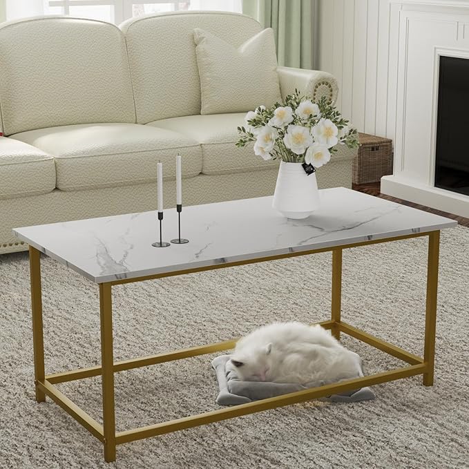 SAYGOER White Faux Marble Coffee Table Simple Modern Rectangular Coffee Tables Open Design Minimalist Center Table for Living Room Office, 39.37 x 19.69 x 17.72, White Gold