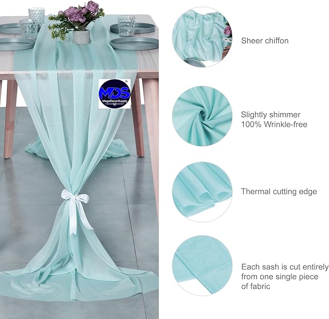 MDS 2 Pack 10ft Chiffon Table Runner 29 x 120 Inches Sheer Wedding Runner Romantic Rustic Table Runner for Wedding Decorations, Birthday Parties, Bridal Shower Party Arch Decor - Teal
