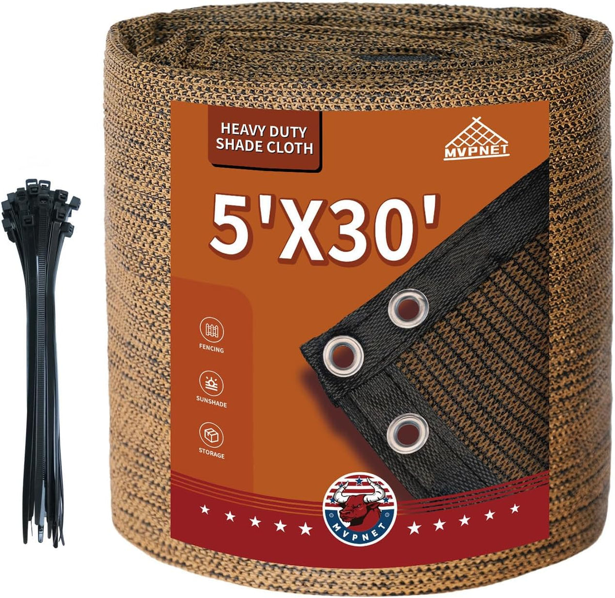 5x30Ft Garden Privacy Fence Screen, 180GSM Heavy Duty 90% Blockage Windbreak Mesh Tarp with Reinforced Edges & Anti-Rust Grommets, Includes Zip Ties for Garden, Yard, Backyard, Outdoor, Mocha