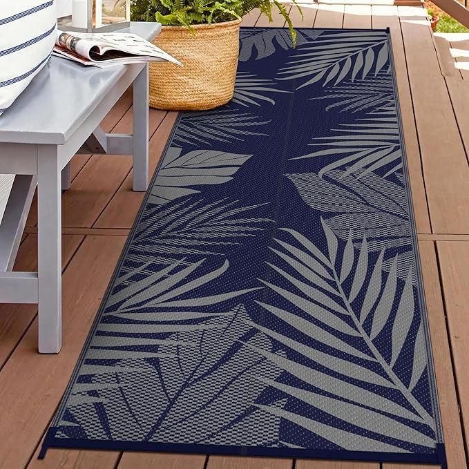 GENIMO Outdoor Rug 2.5' x 8' Waterproof for Patios Clearance, Reversible Outdoor Plastic Straw Camping Rug Carpet, Large Area Rugs Mats for RV, Camper, Deck, Balcony, Porch, Beach, Picnic, Blue&Grey
