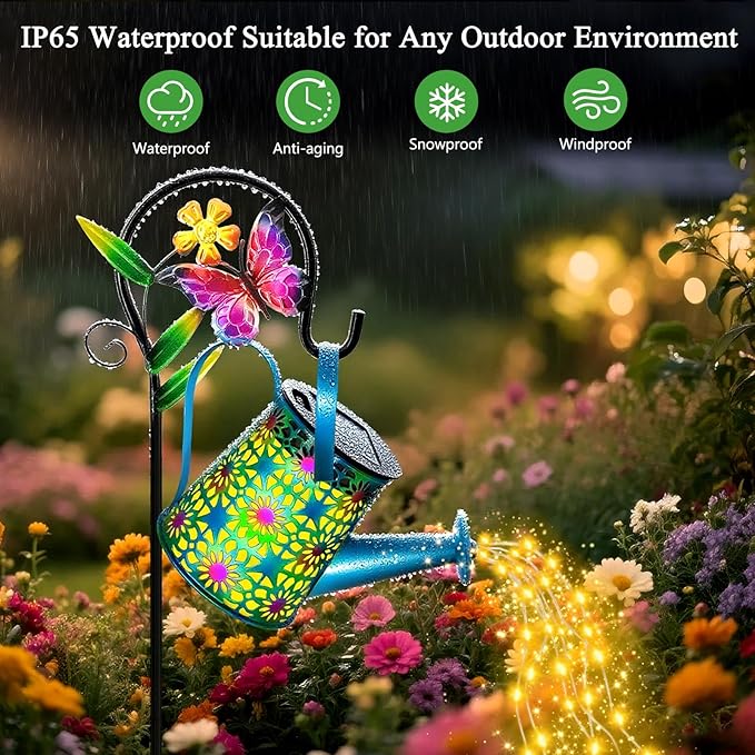 2 Pack Solar Lights Outdoor Decorative, Blue Metal Solar Watering Can Lights Waterproof, Gifts for Women Mom Grandma Mother's Day, Hanging Lanterns Decoration Garden Decor for Outside Yard Patio Lawn