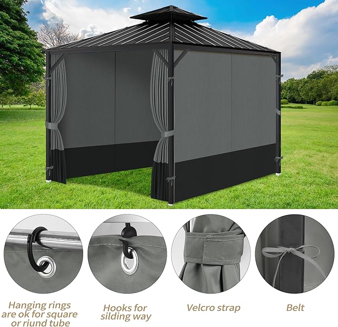 Gazebo Privacy Curtains 12' x 16' with Zipper 4-Panels Side Wall Universal Replacement for Patio, Outdoor Canopy, Garden and Backyard Gray and Black (Curtain Only)