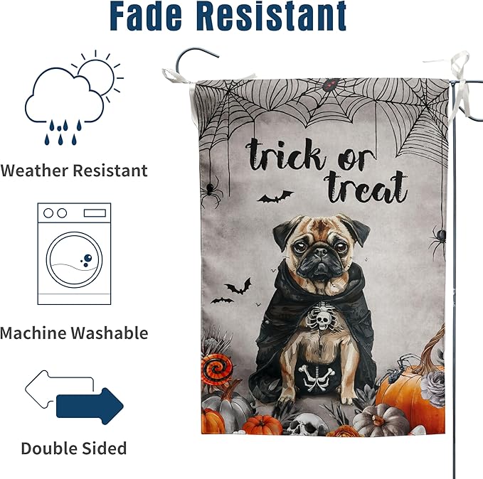 Halloween Pug Garden Flag Trick or Treat Yard Flag Ghost Dog Garden Flags for Outside 12x18 Double Sided Small Dachshund Skeleton Halloween Decor Outdoor Lawn Welcome Flag