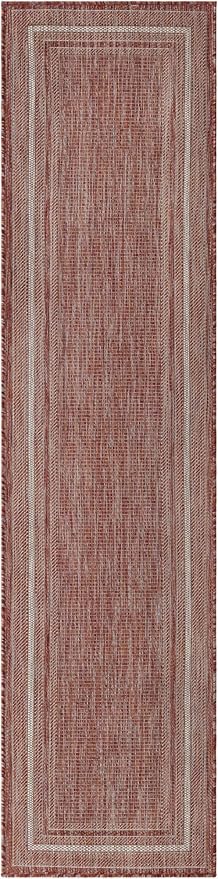 Unique Loom Outdoor Border Collection Area Rug - Soft Border (2' x 8' Runner, Rust Red/ Ivory)