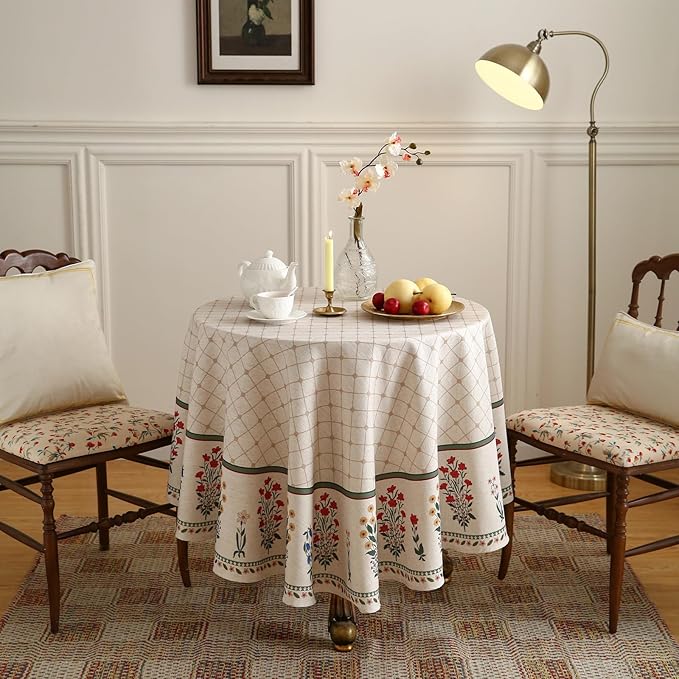 ISAENNE Designer Vintage Linen Floral Round Tablecloth,Fall Colorful Modern Table Cloth,Anti-Wrinkle Decor Tablecloths for Dining Thanksgiving Kitchen Christmas,Diameter 67"-Bertina E
