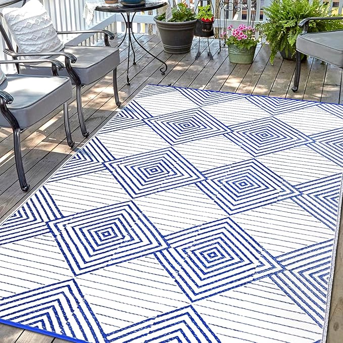 Waterproof Outdoor Rug 6x9ft, Foldable Reversible Plastic Straw Mat for Patio RV Deck Porch Backyard Balcony Camping Picnic Beach Indoor Outdoor Carpet, Blue&White