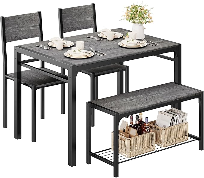 Shahoo Kitchen Table and 2 Chairs for 4 with Bench, 4 Piece Dining Sets for Small Space, Dark Grey