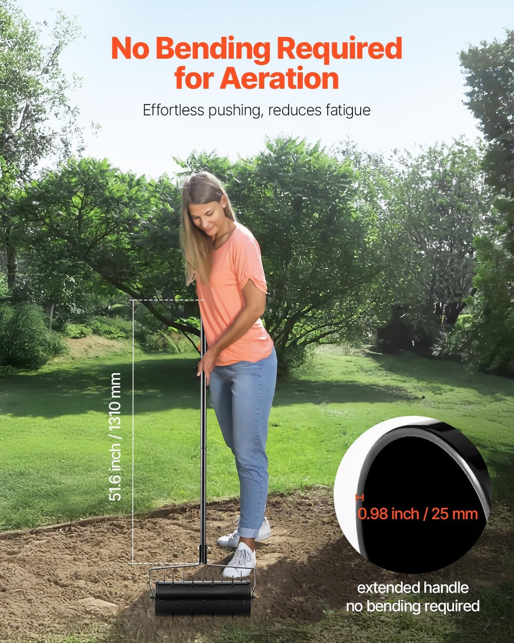 VEVOR Rolling Lawn Aerator, 18-inch Heavy-Duty Manual Rolling Aerator Lawn with Detachable Handle and 27 Iron Spikes, Rolling Lawn Aeration Tool for Garden Patio Yard Compacted Soils and Lawns, Black