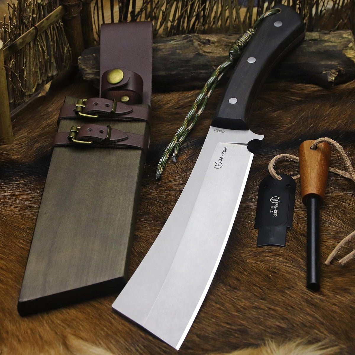 BA-KOR (Pioneer ) (14.6") DC53 steel 6mm thickened full Tang fixed knife+ Wooden sheath &(5.9IN) Cerium Igniter, suitable for outdoor hunting, cutting, chopping, camping, obstacle removal, exploration, fishing, EDC, BBQ (Sanding finish version)