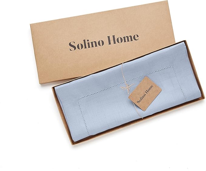 Solino Home Linen Sky Blue Table Runner 72 Inches Long - 100% Pure Linen Hemstitch Table Runner 14 x 72 Inch for Dresser, Dining, Holiday - Classic Hemstitch