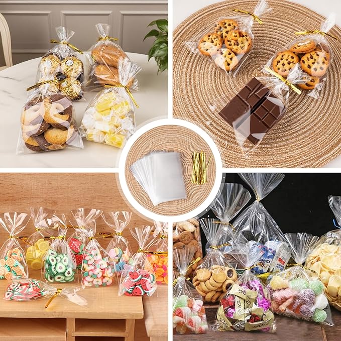 ZHEWTOEN Cellophane Bags, 100 Pcs 4x6 Inch Cellophane Treat Bags with Color Twist Ties, Clear Plastic Goodie Cello Treat Candy Bags for Cookies, Popcorn, Small Gift Wrapping, Party Favors