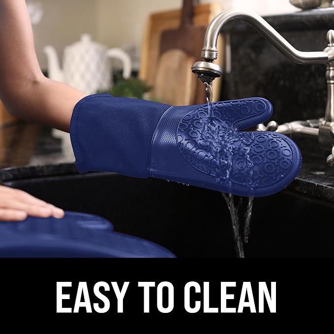 BPA-Free Soft Silicone Oven Mitts - Ultra Heat Resistant Oven Mitts with Thick Cotton Liner - Long Slip Resistant Pot Holders, Flexible Oven Gloves - Royal Blue 13.7"