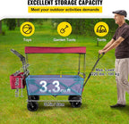 Happbuy Collapsible Wagon with Removable Canopy, 220lbs Heavy Duty Foldable Beach Wagon with Big Wheels