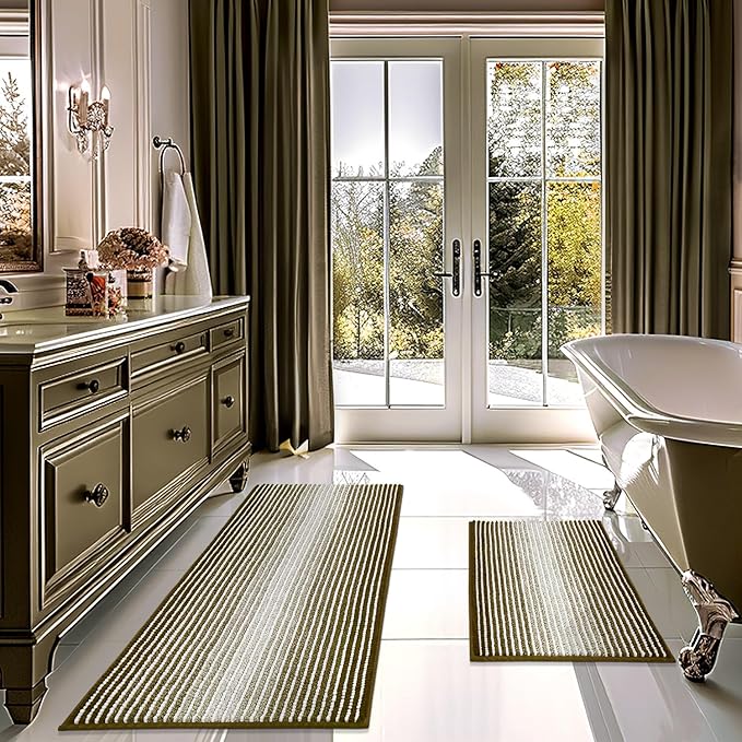 Bathroom Rugs and Mats Sets, 2 Piece Thick Absorbent Chenille Bath Mat Rug Set Non Slip, Soft Shaggy Bath Room Floor Mats for Bathroom, Machine Washable (Coyote Brown, 20" x 47" Plus 20" x 32")