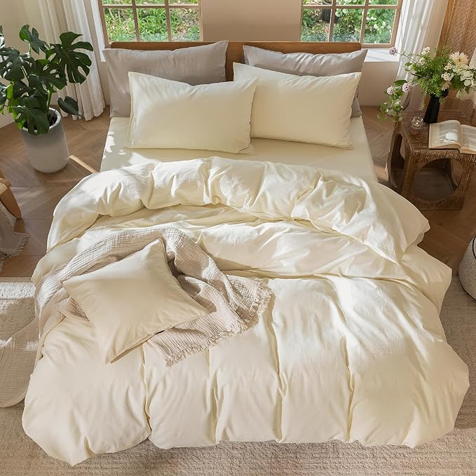 MooMee Bedding Duvet Cover Set 100% Washed Cotton Linen Like Textured Breathable Durable Soft Comfy (Solid Cream White, Full 80"x90")
