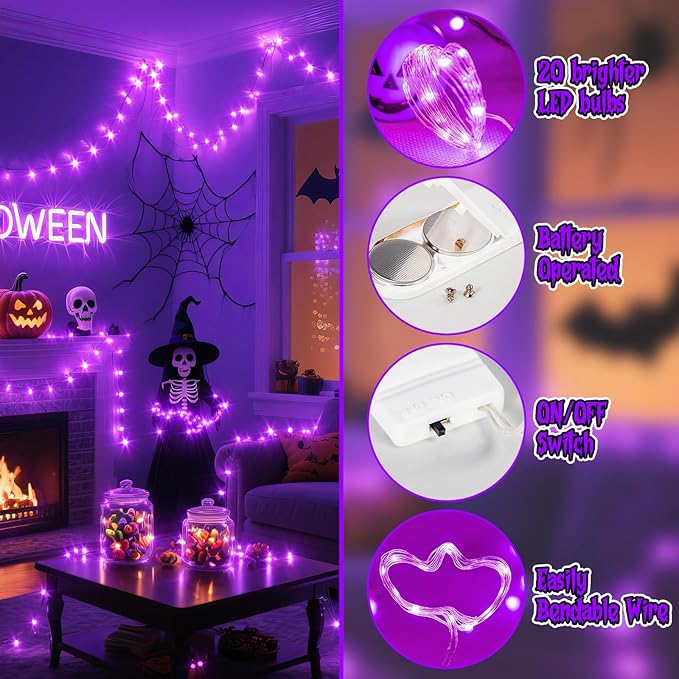 TingMiao Halloween Purple Fairy Lights Battery Operate,7.2ft 20 LEDs String Lights Silver Copper Wire for Hallowen Christmas DIY Decoration Wedding Party (6 Pack)