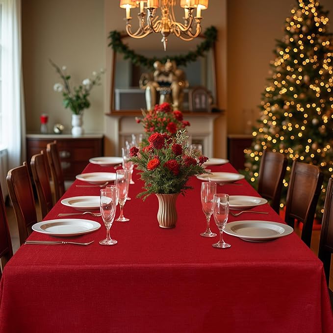 Fitable Faux Linen Christmas Tablecloth 2 Pack, Burlap Textured Fabric Rectangle Table Cloth, Elegant Decorative Table Covers for Winter Holiday Dinner Party Farmhouse (Red, 60 x 102 Inch)