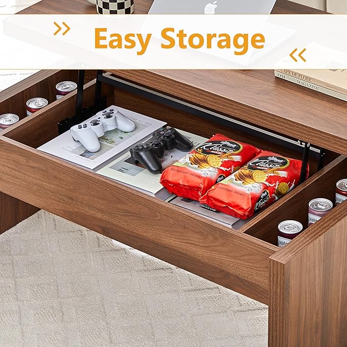 Small Lift Top Coffee Table, Wood Rectangle Coffee Table with Lifting Top and Hidden Storage Compartment, Mid Century Modern Center Tables for Small Space, Living Room, Office (Walnut)