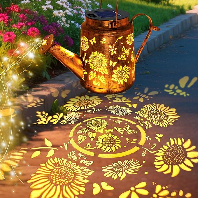 VOOKRY 2 Pack Sunflower Metal Solar Watering Can Lights, Solar Lights Outdoor Waterproof, Gifts for Women Mom Grandma Mother's Day, Hanging Lanterns Decorative Garden Decor for Outside Yard Patio Lawn