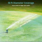 QUOBAS Sprinkler for Yard, 4 Spray Modes, 360° Adjustable Rotation, Heavy Duty Metal Spike with Built-in Filter, Water Diameter up to 50ft for Garden Plant, Flower Bed and Large Yard Area
