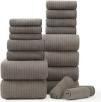 18 Piece Bath Towels Set,Super Soft Family Bathroom Towel Set with Hanging Loops-6 Bath Towels,6 Hand Towels,6 Washcloths,Highly Absorbent Quick Dry Shower Towel for Bathroom,Hotel,Spa-Brown Towel Set