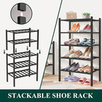 Smiry Bamboo Shoe Rack for Closet, 3 Tier Small Wooden Stackable Shoe Organizer, Free Standing Shoes Storage Shelf for Entryway, Front Door Entrance, Black
