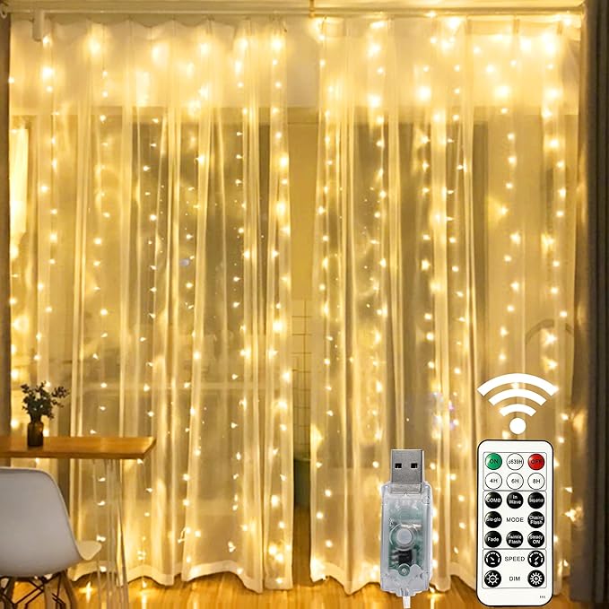 HOME LIGHTING Window Curtain String Lights, 300 LED 8 Lighting Modes Fairy Copper Light with Remote, USB Powered for Christmas Party Wedding Home Decorations (Warm White)