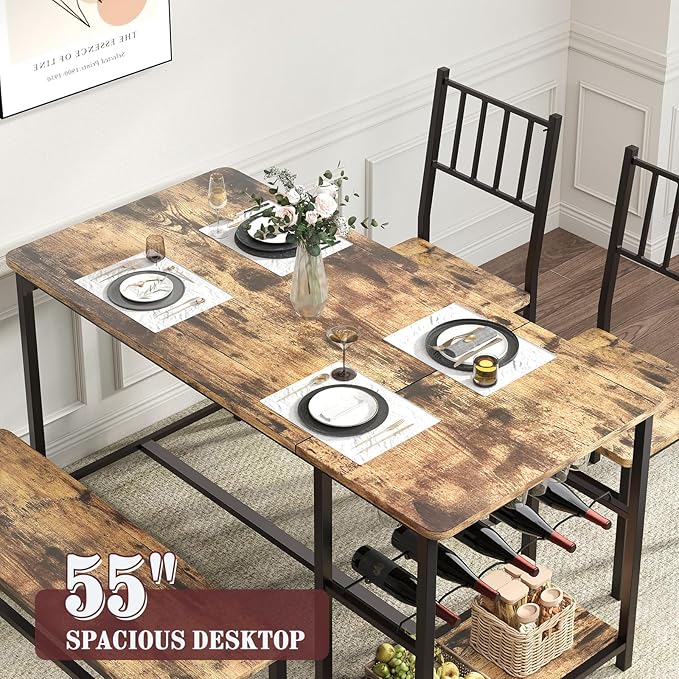 Dining Table Set for 4, Kitchen Table and 2 Chairs for 4 With Bench, Dining Table Set With Built in Wine Rack&Wine Glasses Holder, Storage Shelves for Small Space, Apartment, Kitchen, Rustic Brown