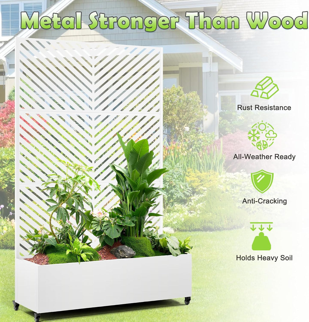 15.7"×70.9"×47.2" Metal Raised Garden Bed with Trellis and Wheels - Tall Trellis Planter Box for Climbing Plants, Vegetables & Vines - Outdoor Privacy Planters for Patio (White-Parallel)