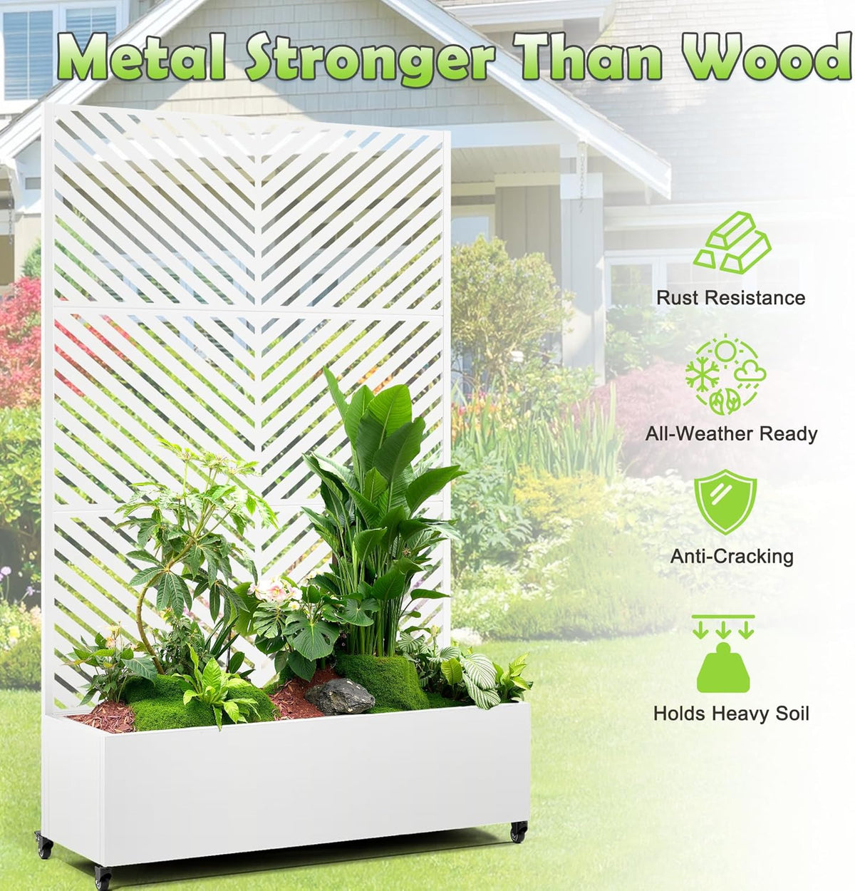 15.7"×70.9"×47.2" Metal Raised Garden Bed with Trellis and Wheels - Tall Trellis Planter Box for Climbing Plants, Vegetables & Vines - Outdoor Privacy Planters for Patio (White-Parallel)
