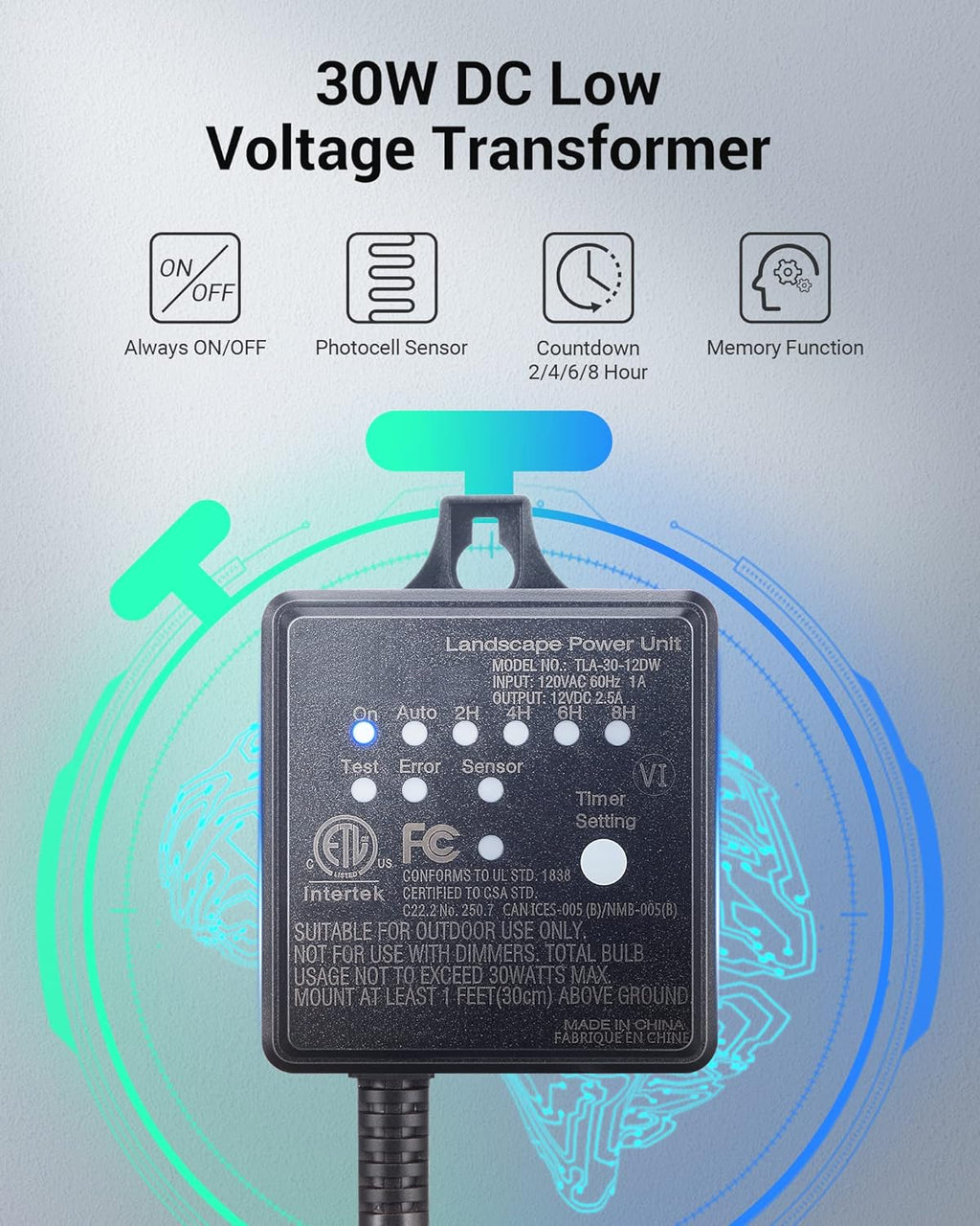 DEWENWILS 30W Outdoor Low Voltage Transformer with Timer and Photocell Light Sensor, 12V DC, ETL Listed