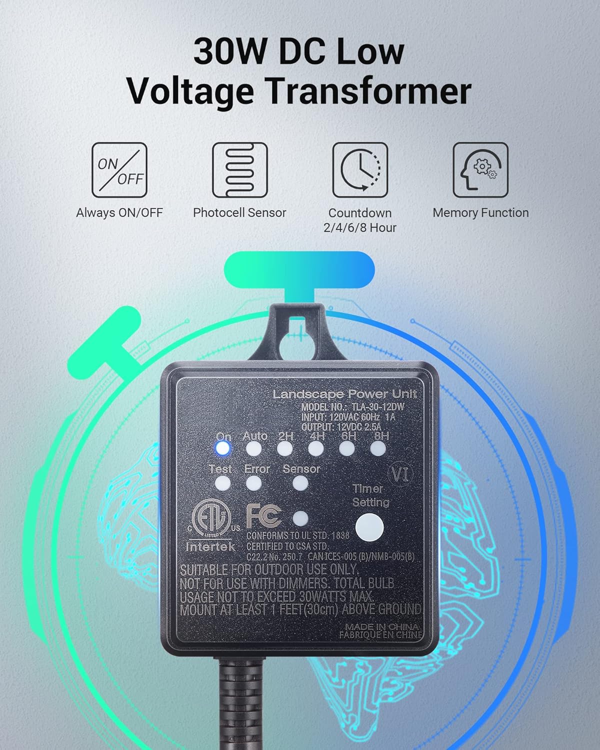 DEWENWILS 30W Outdoor Low Voltage Transformer with Timer and Photocell Light Sensor, 12V DC, ETL Listed