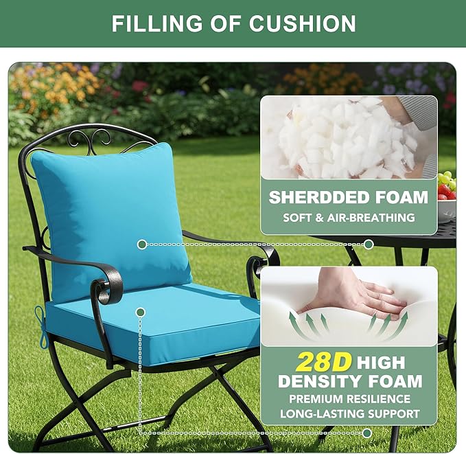 Summsun Waterproof Outdoor Cushions for Patio Furniture, Fade Resistant Backrest and Deep Seat Cushion Set with Removable Cover, 24 x 24 Inch, Teal, 1 Set
